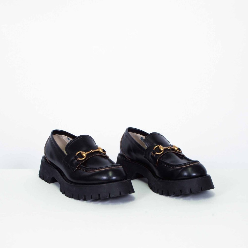 Gucci Black Leather Lug Sole Horsebit Loafers